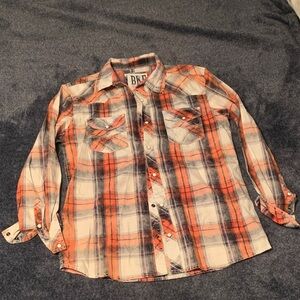 BKE Men's Casual Orange and Blue Plaid Shirt